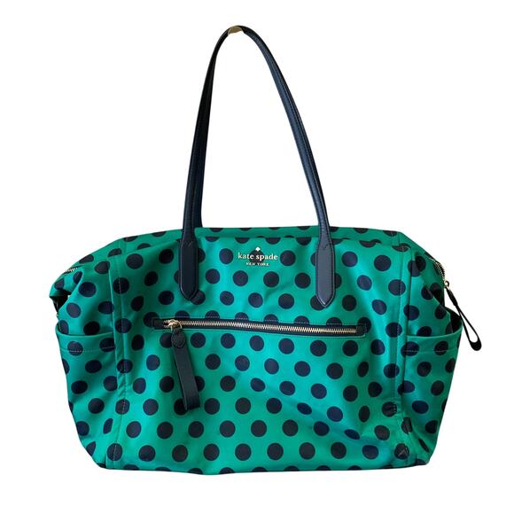 Kate Spade Chelsea Delightful Dot Weekender Bag Green Navy Polka Dot Zip Top - Picture 1 of 11